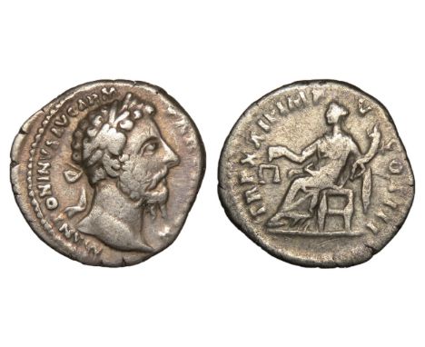 Marcus Aurelius denarius. Rome, 168 AD. Silver, 2.83g. 19mm. Laureate head right, M ANTONINVS AVG ARM PARTH MAX. R. TR P XXII