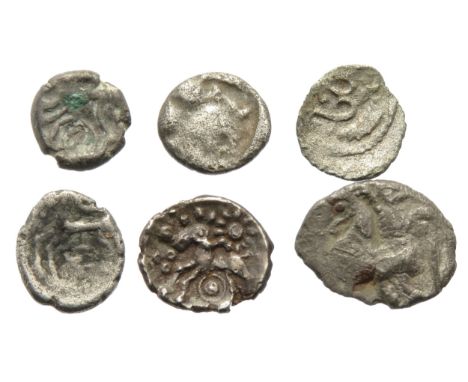 Celtic silver unit group (6). Largest 16mm. Circa 100-20 BC. Dobunni, Helvetii, Andecavi, Aedui and Danubian.