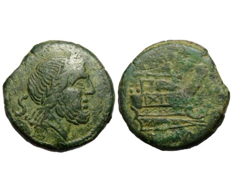 Roman Republic: Anonymous Semis, circa 208 BC. Laureate head of Saturn right, S behind. R. Prow right, ROMA below. Bronze, 19