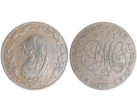 Anglesey copper halfpenny token dated 1791. 14.03g. 29mm. Hooded bust of a Druid left within a wreath of eighteen acorns. R. 