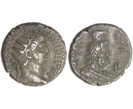 Nero silver tetradrachm, circa 64â€“65 AD. Radiate head of Nero right. R. Draped bust of Sarapis right, wearing kalathos. Sil