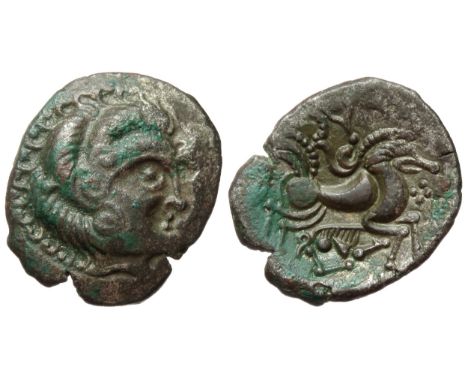North-West Gaul, Armorica, Coriosolites. Circa 75-50 BC. Billon Stater. 6.62g. 23mm. Head facing right. R. Bird-headed horse 