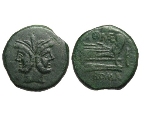 Roman Republic, Post Reform As. Circa 189-179 B.C. Bronze, 30.89g. 33mm. Laureate head of bearded Janus. R. Prow right, shiel