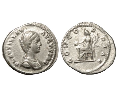 Plautilla denarius. Laodicea, 202 AD. Silver, 21mm. 3.73g. Draped bust right, PLAVTILLAE AVGVSTAE. R. CONCORDIAE, Concordia s