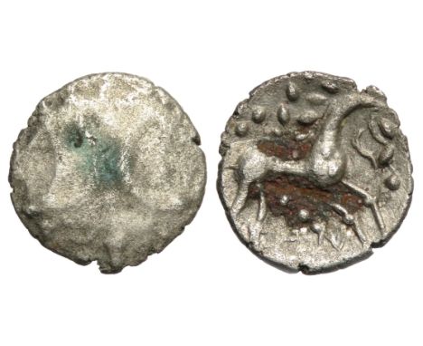 Iceni ECEN EDN silver unit. Circa 10-43 AD. Back to back crescents over vertical wreath. R. Horse right, EDN below. 0.93g, 13