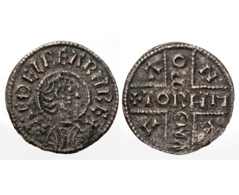 Aethelbert penny. Circa 858-865 AD. Canterbury. Inscribed cross type, BMC I. Silverm 22mm. 1.15g. Bust right, +AETHELBEARHT R