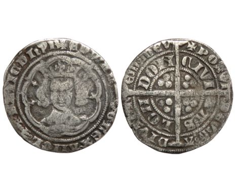 Edward III Groat. Pre-treaty period, class G London. Crowned facing bust. R. Cross with pellets in each quarter, CIVI TAS LON