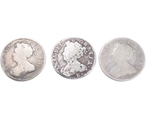 Anne shillings (3). 1702 VIGO, 1704 &amp; 1708. 5.3g-5.8g. Draped bust left, ANNA DEI GRATIA. R. Crowned cruciform shields. R