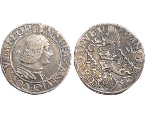 Italy, Milan, Galeazzo Maria Sforza, 1466-1476 AD. Silver Testone. Armoured bust right, pellet-in-annulet to left. R. Dragon-