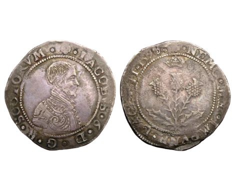 Scotland: James VI ten shillings. 7th coinage 1595. Silver, 6.15g. 31mm. Bare-headed bust right, IACOBVS D G R SCOTORVM. Crow