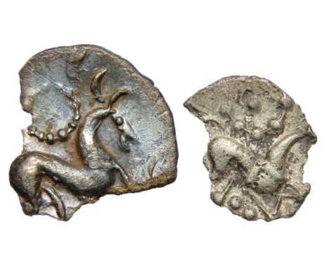 Corieltavi tribe Celtic silver unit and half unit, South Ferriby boar/horse types c. 45BC - 10BC. Both damaged, largest 14mm,