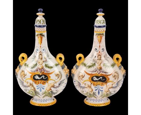 Pair of Ginori late 19th century Italian Maiolica pilgrim flasks, each with satyr masks to the shoulders with screw caps, Gin