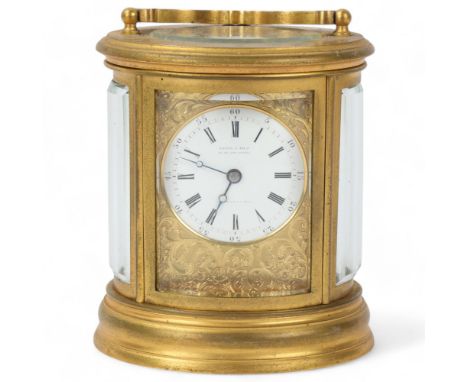 19th century French oval brass-cased 8-day carriage clock, Leroy & Fils Regent Street, curved bevel-glass panels with enamel 