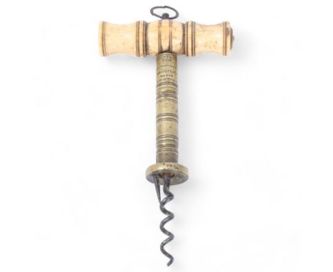 Robert Jones &amp; Son, bone-handled brass corkscrew, pattern no. 423, dated 8th Oct 1840, length 16cm No brush, handle has s