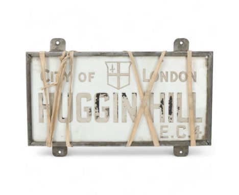 Huggin Hill, City of London EC4 ceramic street sign in original galvanised metal wall-mounted frame, 47cm x 24cmLettering is 