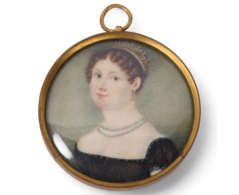 Early 19th century miniature watercolour on ivory, portrait of a lady wearing a coronet and pearls, unsigned, in original gil
