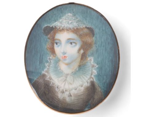 Miniature watercolour on ivory, portrait of a woman wearing a lace bonnet, unsigned, in original gilt-metal frame with convex