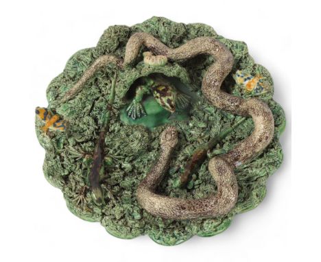 A Victorian Palissy Ware dish by Jose A Cuna/Caldas Rulha, depicting snakes lizards and butterflies, maker's stamp to reverse