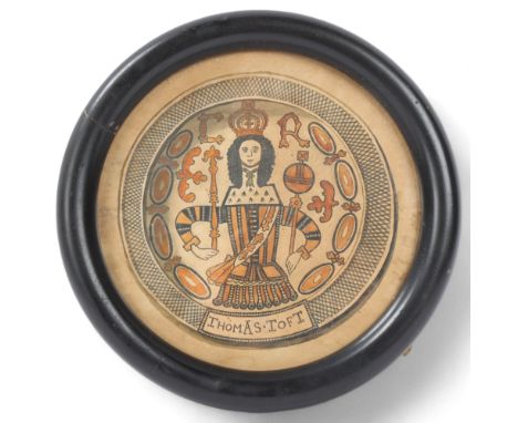 Antique hand-coloured print of plate design by Thomas Toft (17th Staffordshire ceramic artist), depicting King Charles I, fra