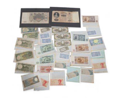 A collection of late 19th and 20th century world banknotes, including China, Japan, Korea, Paraguay, Russia, Brasil, Indonesi