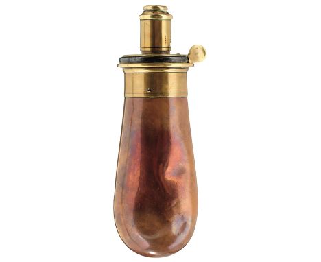 A SYKES PATENT SHORT RIFLE FLASK, 6.5inch over all length, the bruised copper body with brass top and adjustable nozzle for 2