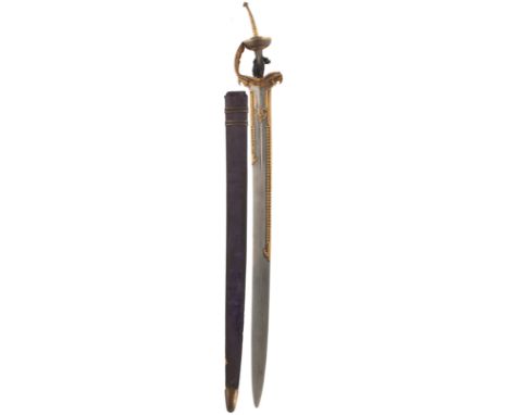 A GOOD LATE 18TH OR EARLY 19TH CENTURY FIRANGI OR SWORD, 83.5cm slightly curved blade with a gold decorated reinforcing strap