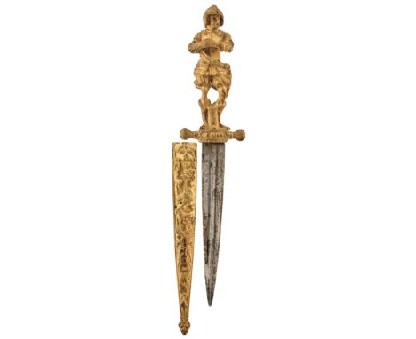 A CONTINENTAL ROMANTIC DAGGER, 11.5cm double fullered blade, cast gilt hilt in the form of a Conquistador, contained in its c