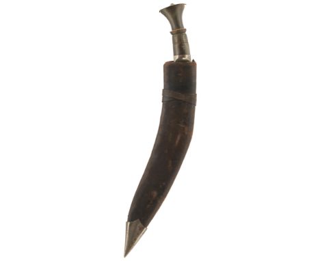 A KUKRI, 35.5cm double fullered curved clean blade, characteristic horn hilt with white metal pommel cap, contained in its le