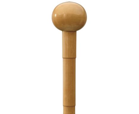 A 19TH CENTURY INDIAN IVORY WALKING STICK, with spherical pommel above carved stepped haft, metal ferrule, 88cm long over all