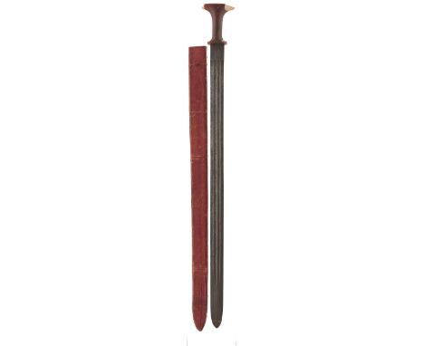 A LATE 19TH OR VERY EARLY 20TH CENTURY MENELIK II GUARDS SWORD, 80cm double fullered broadsword blade profusely etched with p