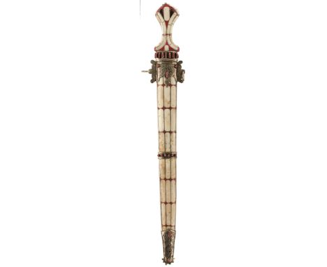 A LARGE NORTH AFRICAN DAGGER, 54.5cm flattened diamond section two-stage blade, ornate hilt set with bone, coral and wood pla