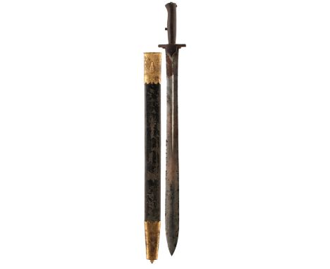 AN UNUSUAL BRUNSWICK RIFLE BAYONET, 57.5cm fullered blade, regulation steel hilt, guard lacking, contained in its engraved gi