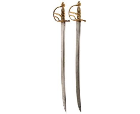 A BRACE OF 1751 PATTERN HUNTINGDON MILITIA HANGERS, the first with 63cm slightly curved fullered blade, stamped SH within an 