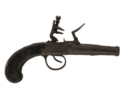A 54-BORE FLINTLOCK BOXLOCK QUEEN ANNE POCKET PISTOL BY R HOMER OF STAFFORDSHIRE, 2inch turn-off cannon barrel, border and sc