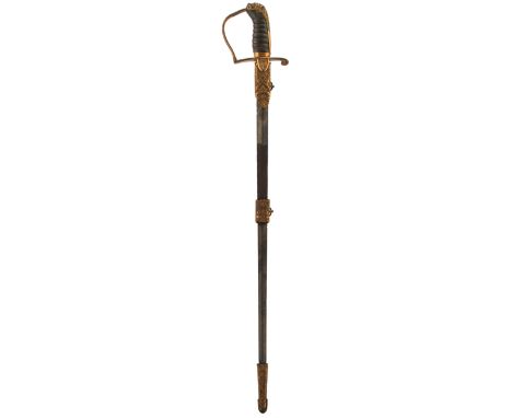 AN 1805 PATTERN NAVAL OFFICER'S SWORD, 72cm flattened diamond section blade, rusted, regulation copper gilt stirrup hilt with