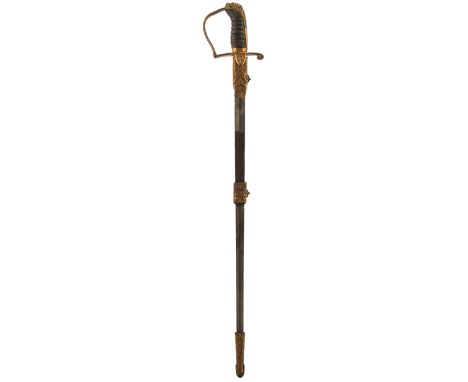 AN 1805 PATTERN NAVAL OFFICER'S SWORD, 72cm flattened diamond section blade, rusted, regulation copper gilt stirrup hilt with