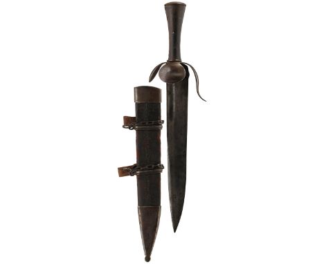 A LANDSKNECHT OR LANSQUINET DAGGER, 34.5cm tapering single edged blade with broad short fuller, characteristic hilt with down