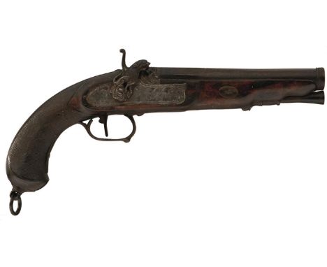 A .650 CALIBRE CARBINE BORE SPANISH PERCUSSION OFFICER'S PISTOL, 7inch two-stage barrel with ringturned muzzle and inlaid in 