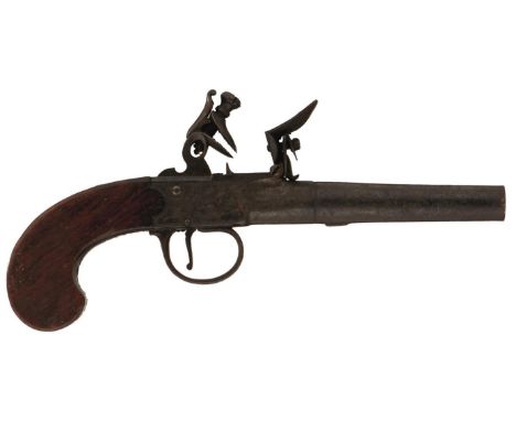 AN 80-BORE FLINTLOCK BOXLOCK POCKET PISTOL BY MALL, 3inch turn-off barrel, border and scroll engraved signed action, slab-sid