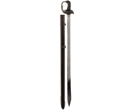 A GOOD HEAVY CAVALRY OFFICER'S CELTIC HILTED SWORD, 91.75cm quadruple fullered pipe backed blade with clipped back point, ret