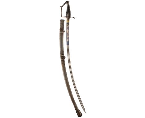 AN EARLY 19TH CENTURY FRENCH OFFICER'S BLUED AND GILT SWORD, 82cm double fullered sharply curved blade decorated with trophie