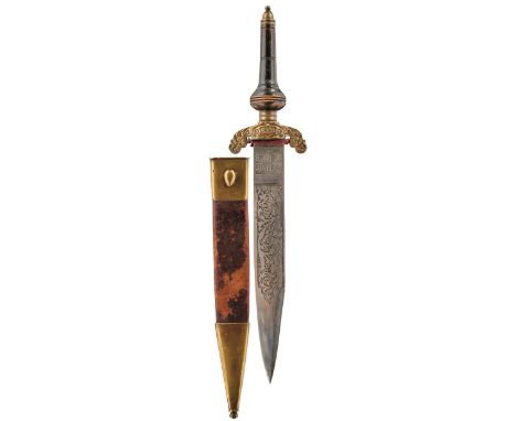 A 19TH CENTURY SPANISH PLUG BAYONET, 16cm Toledo blade decorated with panels of scrolling foliage and dated 1873, cast brass 