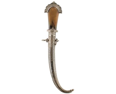 A 19TH CENTURY WHITE METAL MOUNTED MOROCCAN JAMBIYA, 23cm curved blade stamped with a maker's mark at the forte, characterist