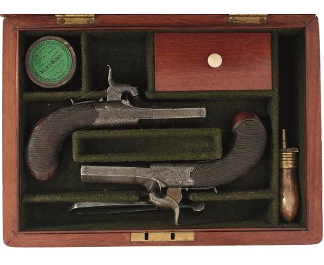 A CASED PAIR OF 54-BORE PERCUSSION BOXLOCK POCKET PISTOLS BY WESTLEY RICHARDS, 1.75inch turn-off barrels engraved with a band