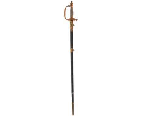 A 1796 PATTERN INFANTRY OFFICER'S SWORD, 76cm blade decorated with foliage and flowers, stands of arms, crowned GR cypher and