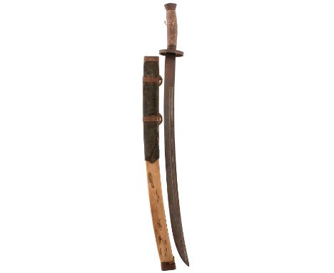 A 19TH CENTURY CHINESE DAO OR CURVED SWORD, 73cm fullered blad, characteristic hilt with ovoid steel guard and pommel, cord b