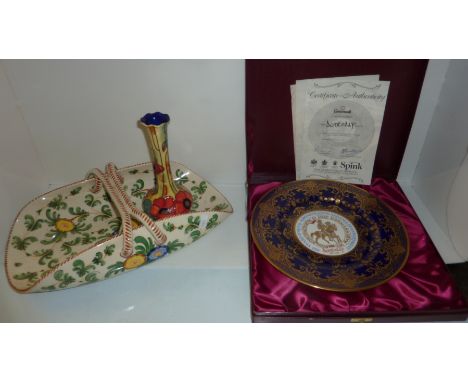 Old Tupton Ware bottle vase with poppy decoration, a continental ceramic basket and a cased Spink Collection Doomsday plate 