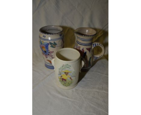 2 pieces of studio pottery in the style of Poole and a sylvac pot with elephant handles