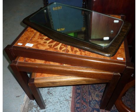 Nest of three retro tile top tables and similar wall mirror 