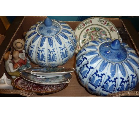Pair of large modern blue & white ginger jars, figurines, Royal Worcester collectors plate etc 